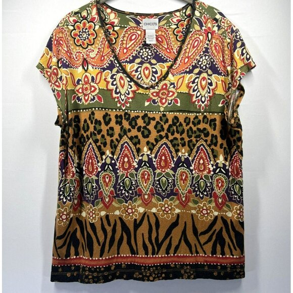 Chicos Women's Top Size XL Southwest Leopard Paisley Cap Sleeve Pullover - Picture 1 of 6